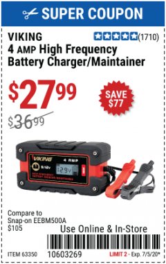 Harbor Freight Coupon VIKING 4AMP 6/12 VOLT HIGH FREQ BATTERY CHARGER/MAINTAINER Lot No. 63350 Expired: 7/5/20 - $27.99