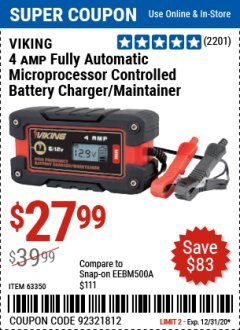 Harbor Freight Coupon VIKING 4AMP 6/12 VOLT HIGH FREQ BATTERY CHARGER/MAINTAINER Lot No. 63350 Expired: 12/31/20 - $27.99