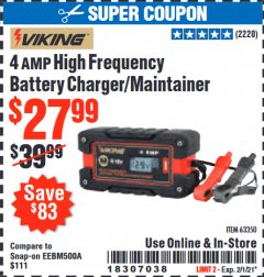 Harbor Freight Coupon VIKING 4AMP 6/12 VOLT HIGH FREQ BATTERY CHARGER/MAINTAINER Lot No. 63350 Expired: 2/1/21 - $27.99