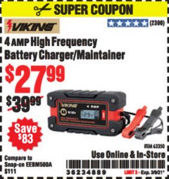 Harbor Freight Coupon VIKING 4AMP 6/12 VOLT HIGH FREQ BATTERY CHARGER/MAINTAINER Lot No. 63350 Expired: 3/9/21 - $27.99