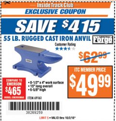 Harbor Freight ITC Coupon 55 LB. RUGGED CAST IRON ANVIL Lot No. 806/69161 Expired: 10/2/18 - $49.99