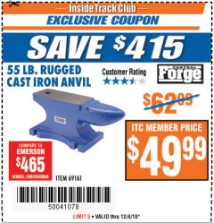 Harbor Freight ITC Coupon 55 LB. RUGGED CAST IRON ANVIL Lot No. 806/69161 Expired: 12/4/18 - $49.99