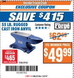 Harbor Freight ITC Coupon 55 LB. RUGGED CAST IRON ANVIL Lot No. 806/69161 Expired: 1/9/19 - $49.99