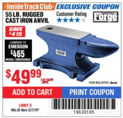 Harbor Freight ITC Coupon 55 LB. RUGGED CAST IRON ANVIL Lot No. 806/69161 Expired: 5/7/19 - $49.99