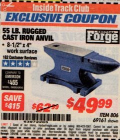 Harbor Freight ITC Coupon 55 LB. RUGGED CAST IRON ANVIL Lot No. 806/69161 Expired: 7/31/19 - $49.99
