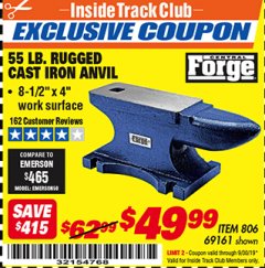 Harbor Freight ITC Coupon 55 LB. RUGGED CAST IRON ANVIL Lot No. 806/69161 Expired: 9/30/19 - $49.99