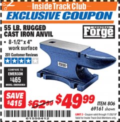 Harbor Freight ITC Coupon 55 LB. RUGGED CAST IRON ANVIL Lot No. 806/69161 Expired: 11/30/19 - $49.99