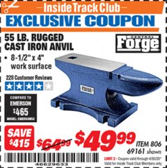 Harbor Freight ITC Coupon 55 LB. RUGGED CAST IRON ANVIL Lot No. 806/69161 Expired: 4/30/20 - $49.99