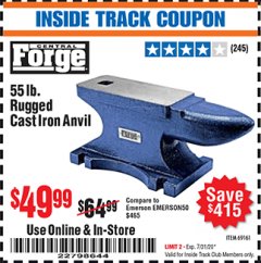 Harbor Freight ITC Coupon 55 LB. RUGGED CAST IRON ANVIL Lot No. 806/69161 Expired: 7/31/20 - $49.99