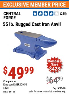 Harbor Freight ITC Coupon 55 LB. RUGGED CAST IRON ANVIL Lot No. 806/69161 Expired: 9/30/20 - $49.99