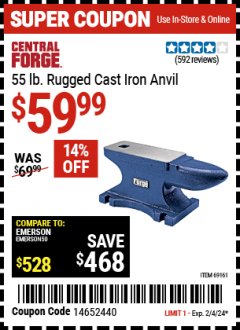 Harbor Freight Coupon 55 LB. RUGGED CAST IRON ANVIL Lot No. 806/69161 Expired: 2/4/24 - $59.99