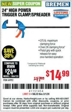Harbor Freight Coupon 24" HIGH POWER TRIGGER CLAMP/SPREADER - BREMEN Lot No. 64992 Expired: 3/1/20 - $14.99