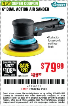 Harbor Freight Coupon 6" DUAL ACTION AIR SANDER - BAXTER Lot No. 56580 Expired: 3/1/20 - $79.99
