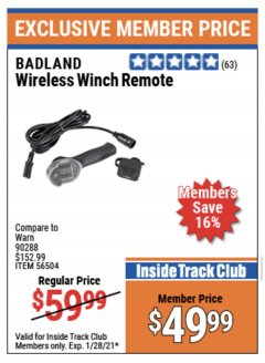 Harbor Freight ITC Coupon BADLAND WIRELESS WINCH REMOTE  Lot No. 56504 Expired: 1/28/21 - $49.99