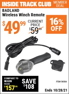Harbor Freight ITC Coupon BADLAND WIRELESS WINCH REMOTE  Lot No. 56504 Expired: 10/28/21 - $49.99