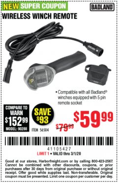 Harbor Freight Coupon BADLAND WIRELESS WINCH REMOTE  Lot No. 56504 Expired: 3/1/20 - $59.99