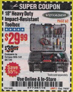 Harbor Freight Coupon 18" HEAVY DUTY IMPACT-RESISTANT TOOLBOX Lot No. 56681 Expired: 7/5/20 - $29.99