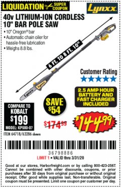Harbor Freight Coupon 40V LITHIUM-ION 10" POLE SAW Lot No. 64718 Expired: 3/31/20 - $144.99