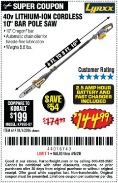 Harbor Freight Coupon 40V LITHIUM-ION 10" POLE SAW Lot No. 64718 Expired: 6/30/20 - $144.99