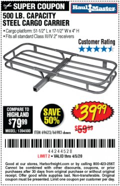 Harbor Freight Coupon 500 LB. CAPACITY STEEL CARGO CARRIER Lot No. 69623/66983 Expired: 6/30/20 - $39.99
