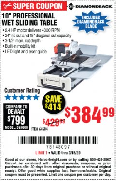 Harbor Freight Coupon 10" PROFESSIONAL WET SLIDING TABLE TILE SAW Lot No. 64684 Expired: 3/15/20 - $384.99