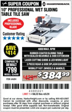 Harbor Freight Coupon 10" PROFESSIONAL WET SLIDING TABLE TILE SAW Lot No. 64684 Expired: 6/30/20 - $384.99