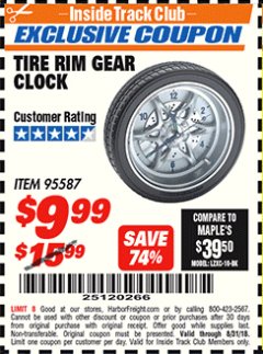 Harbor Freight ITC Coupon TIRE RIM GEAR CLOCK Lot No. 95587 Expired: 8/31/18 - $9.99