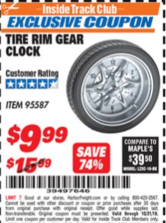 Harbor Freight ITC Coupon TIRE RIM GEAR CLOCK Lot No. 95587 Expired: 10/31/18 - $9.99