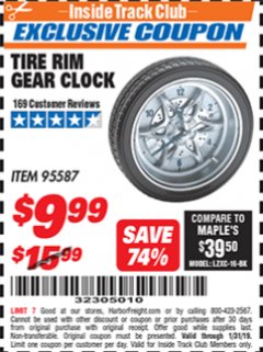 Harbor Freight ITC Coupon TIRE RIM GEAR CLOCK Lot No. 95587 Expired: 1/31/19 - $9.99