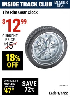 Harbor Freight ITC Coupon TIRE RIM GEAR CLOCK Lot No. 95587 Expired: 1/6/22 - $12.99