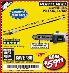 Harbor Freight Coupon 7AMP ELECTRIC POLE SAW 9.5" BAR Lot No. 68862/63190/56808/62896 Expired: 6/30/20 - $59.99
