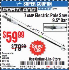 Harbor Freight Coupon 7AMP ELECTRIC POLE SAW 9.5" BAR Lot No. 68862/63190/56808/62896 Expired: 10/23/20 - $59.99