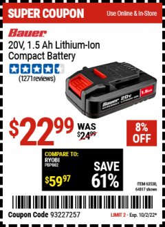Harbor Freight Coupon 20V LITHIUM-ION CORDLESS 1.5AMP HOUR BATTERY Lot No. 63530/64817 EXPIRES: 10/2/22 - $22.99