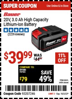 Harbor Freight Coupon 20V LITHIUM-ION CORDLESS 3AMP HOUR BATTERY Lot No. 63631/64816 EXPIRES: 10/2/22 - $39.99