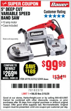 Harbor Freight Coupon 5" DEEP CUT BANDSAW Lot No. 64194 Expired: 3/15/20 - $99.99