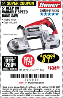 Harbor Freight Coupon 5" DEEP CUT BANDSAW Lot No. 64194 Expired: 6/30/20 - $89.99