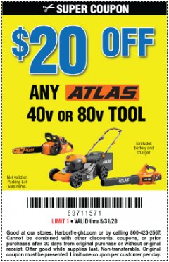 Harbor Freight Coupon $20 OFF ANY ATLAS BARE TOOL Lot No. na Expired: 6/30/20 - $20