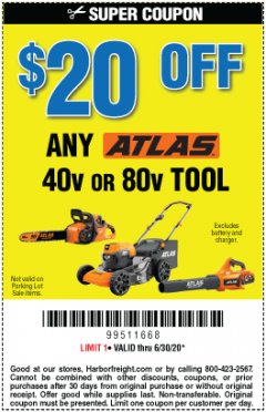 Harbor Freight Coupon $20 OFF ANY ATLAS BARE TOOL Lot No. na Expired: 6/30/20 - $20