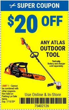 Harbor Freight Coupon $20 OFF ANY ATLAS BARE TOOL Lot No. na Expired: 8/15/20 - $20