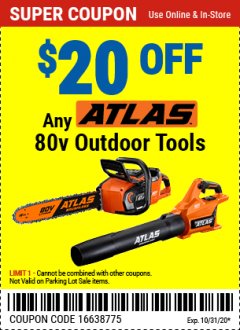 Harbor Freight PERCENT Coupon $20 OFF ANY ATLAS BARE TOOL Lot No. na Expired: 10/31/20 - $0.2