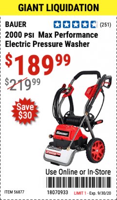 Harbor Freight Coupon BAUER 2000 PSI ELECTRIC PRESSURE WASHER Lot No. 56877 Expired: 9/30/20 - $189.99
