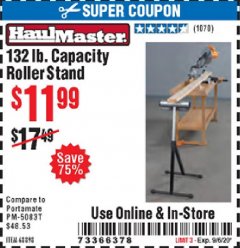 Harbor Freight Coupon 132 LB. CAPACITY ROLLER STAND Lot No. 68898 Expired: 9/6/20 - $11.99