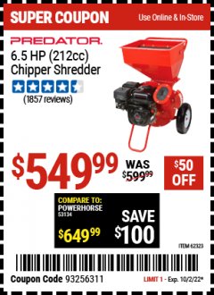 Harbor Freight Coupon CHIPPER/SHREDDER WITH 6.5 HP GAS ENGINE Lot No. 62323 EXPIRES: 10/2/22 - $549.99