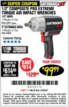 Harbor Freight Coupon 1/2" COMPOSITE PRO EXTREME TORQUE IMPACT WRENCHES Lot No. 62891/63800 Expired: 6/30/20 - $99.99