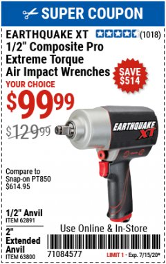 Harbor Freight Coupon 1/2" COMPOSITE PRO EXTREME TORQUE IMPACT WRENCHES Lot No. 62891/63800 Expired: 7/15/20 - $99.99