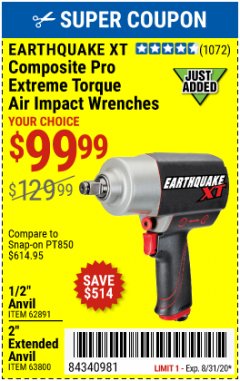 Harbor Freight Coupon 1/2" COMPOSITE PRO EXTREME TORQUE IMPACT WRENCHES Lot No. 62891/63800 Expired: 8/31/20 - $99.99