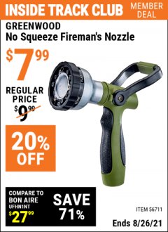 Harbor Freight ITC Coupon GREENWOOD NO-SQUEEZE WATERING NOZZLE Lot No. 56711 Expired: 8/26/21 - $7.99