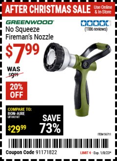 Harbor Freight Coupon GREENWOOD NO-SQUEEZE WATERING NOZZLE Lot No. 56711 Expired: 1/8/23 - $7.99