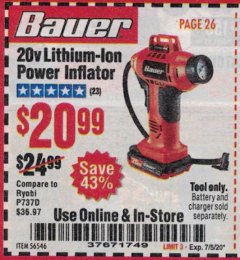 Harbor Freight Coupon BAUER 20V LITHIUM-ION POWER INFLATOR Lot No. 56546 Expired: 7/5/20 - $20.99