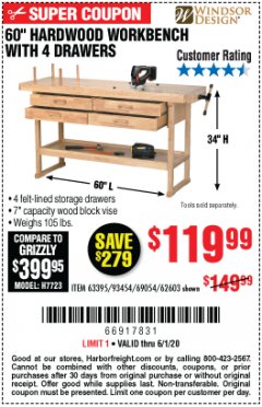 Harbor Freight Coupon 60" HARDWOOD WORKBENCH WITH 4 DRAWERS Lot No. 63395/93454/69054/62603 Expired: 6/30/20 - $119.99